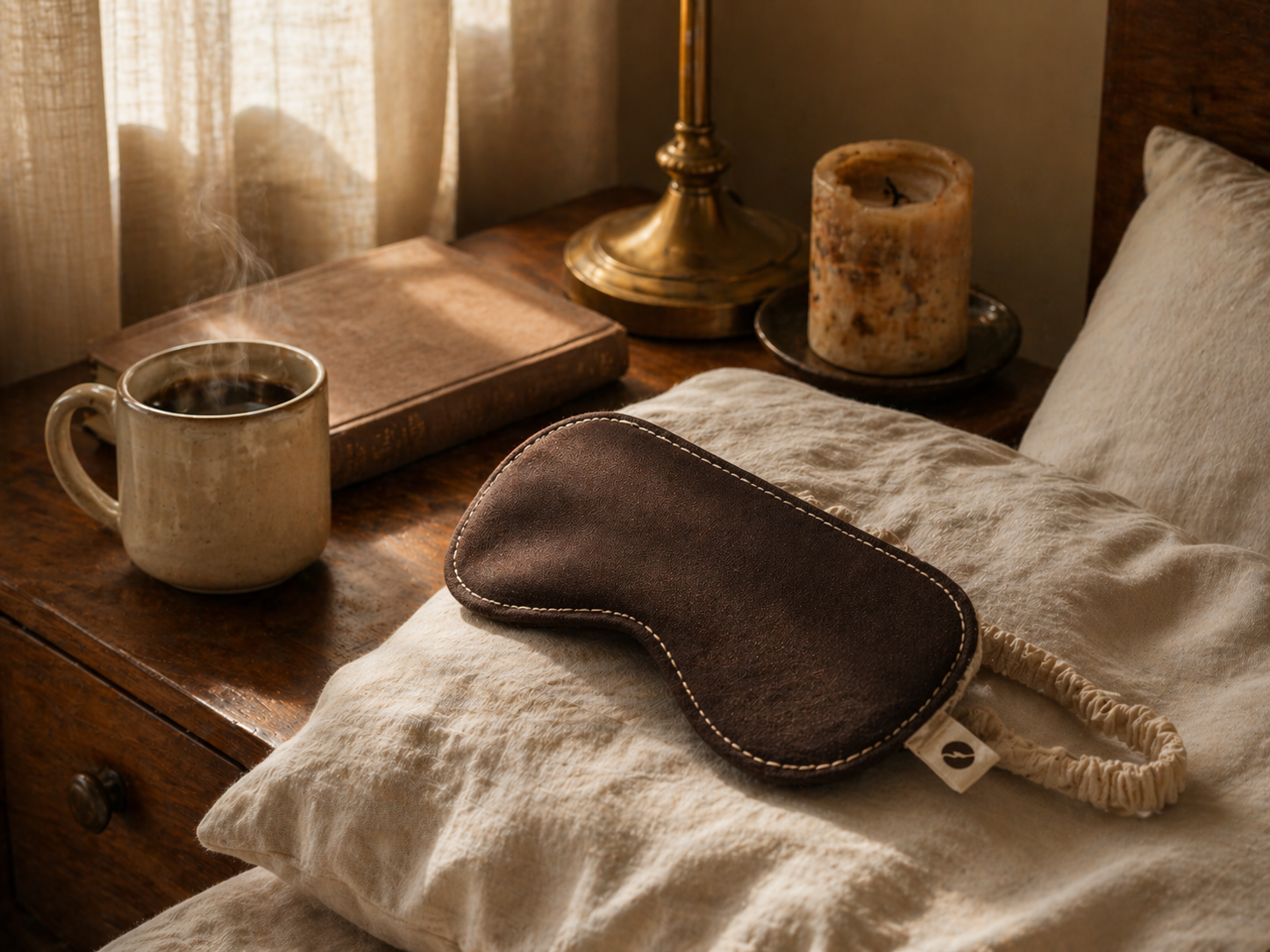 The Affogato — coffee bean sleep mask on a bedside table