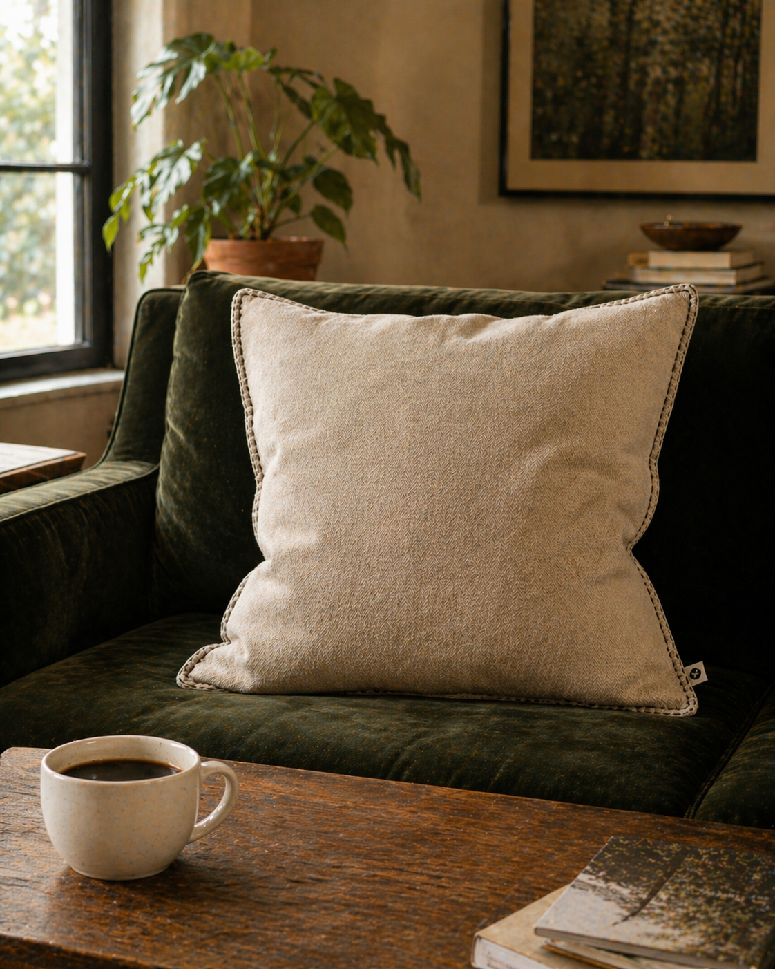 The Americano — 18 inch coffee bean throw pillow on a green velvet couch