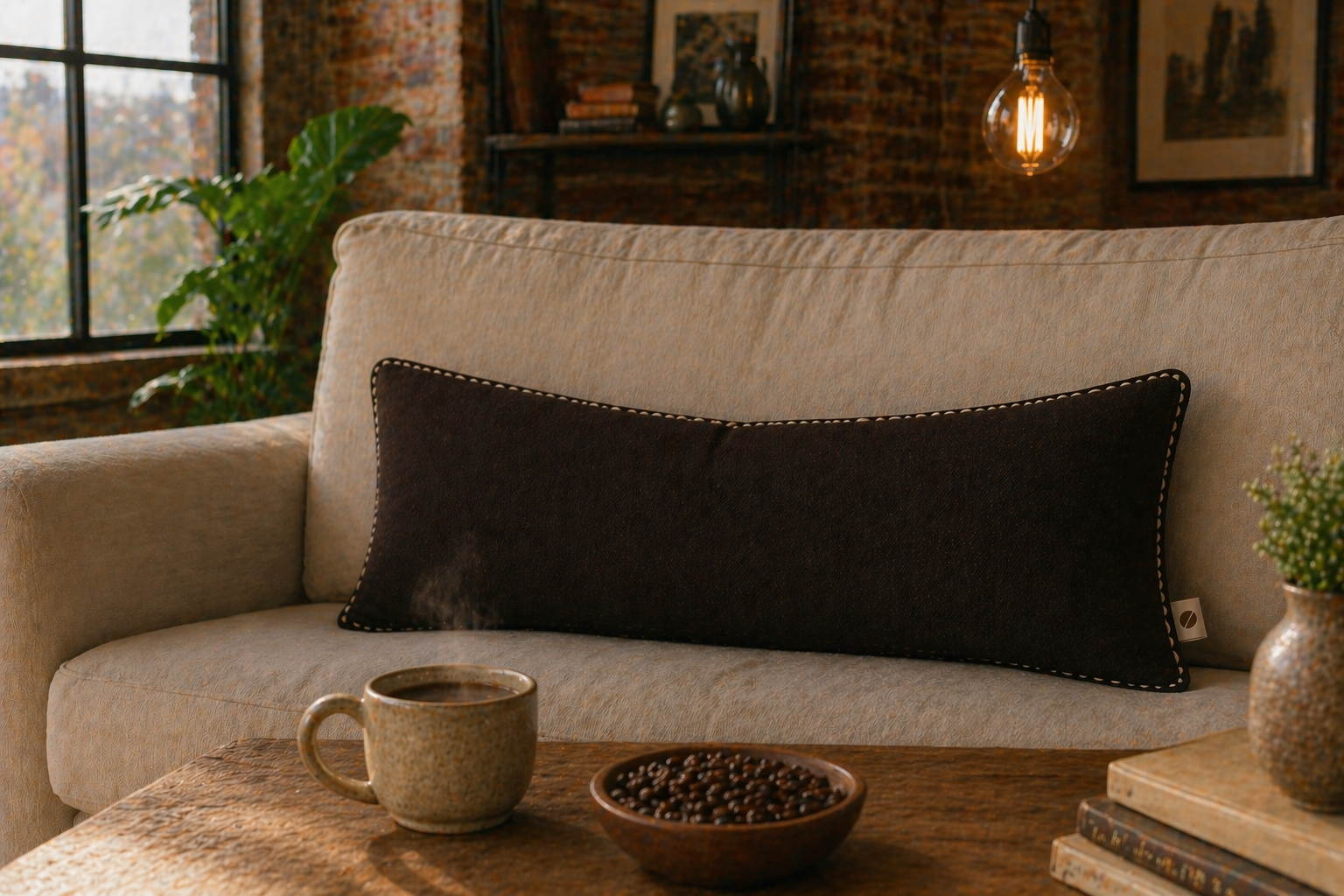 The Cold Brew — 14 by 26 inch coffee bean lumbar pillow on a cream couch