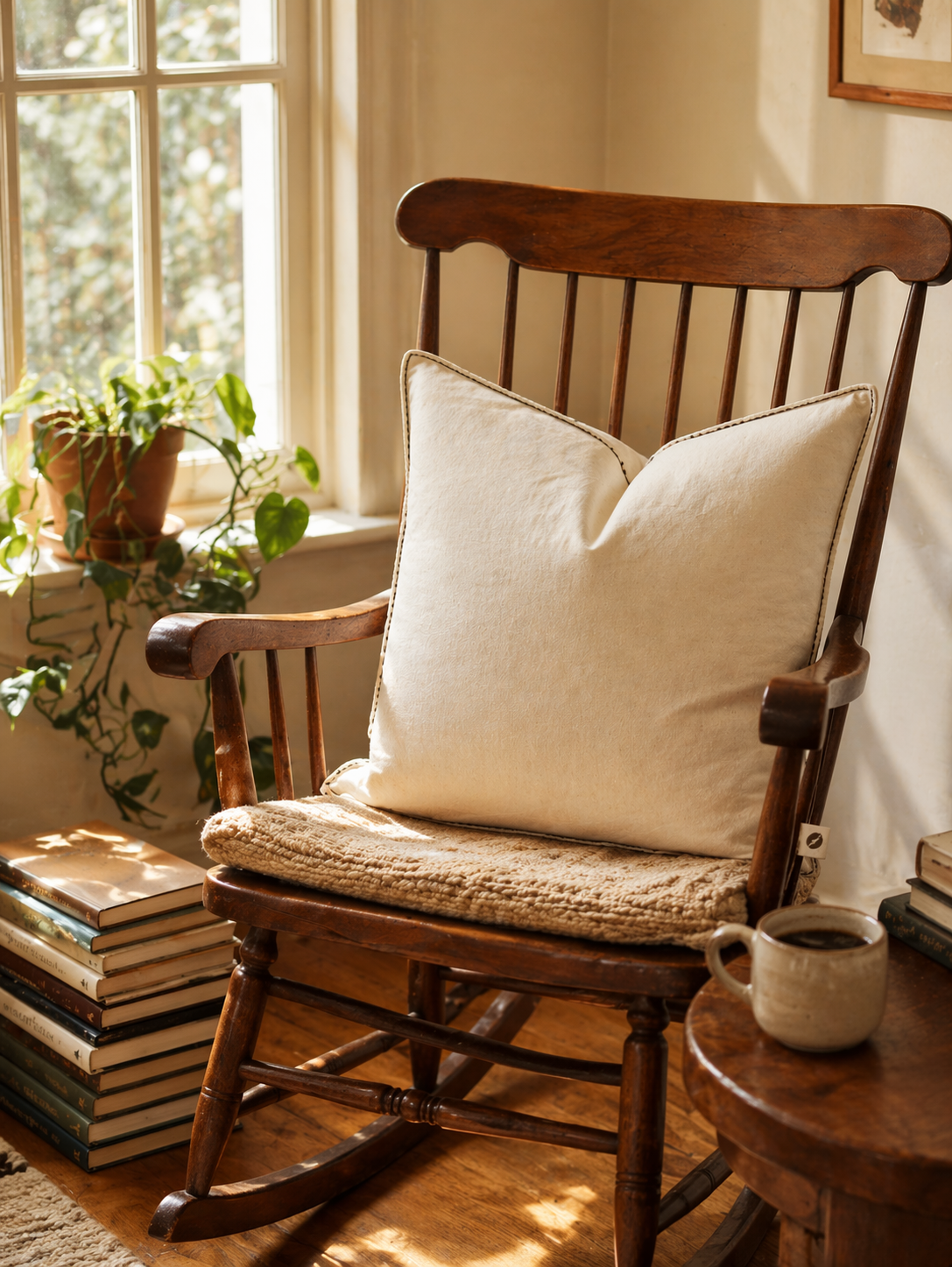 The Decaf — 18 inch fluff-filled cream pillow on a vintage rocking chair