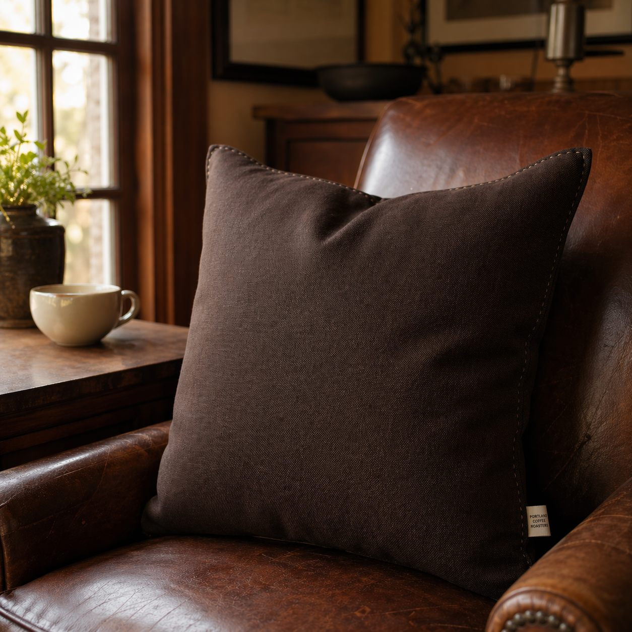 The Espresso — 12 inch coffee bean pillow on a leather chair