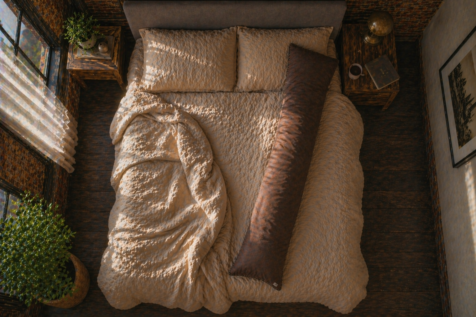 The French Press — 20 by 36 inch coffee bean body pillow, top-down view on a bed