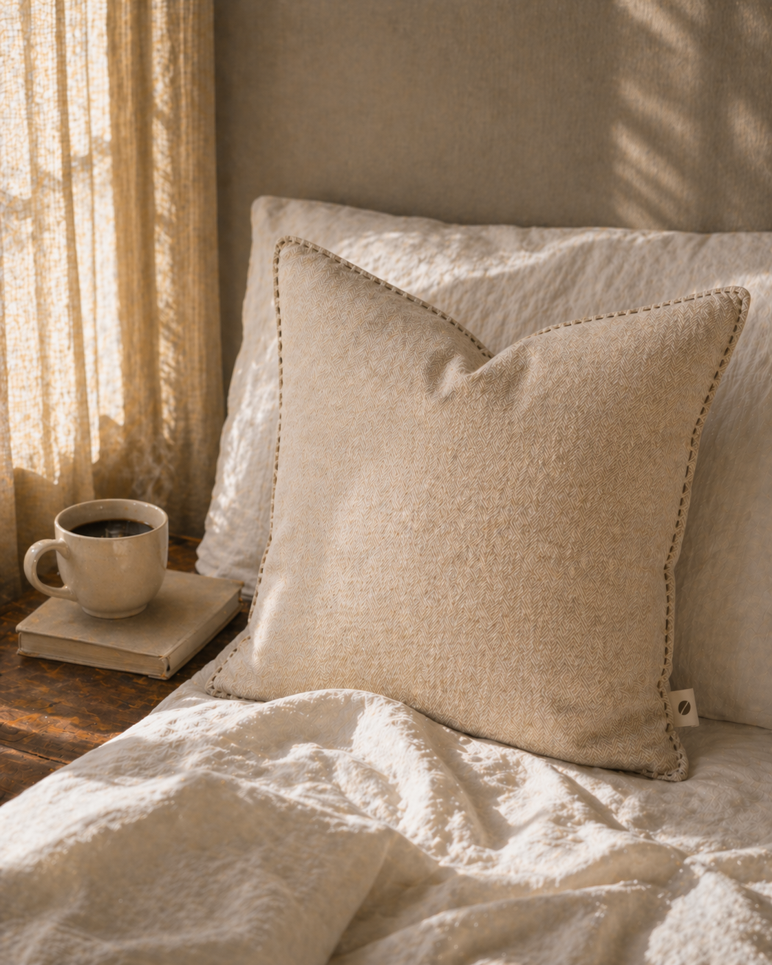 The Latte — 22 inch Euro coffee bean pillow on an unmade bed