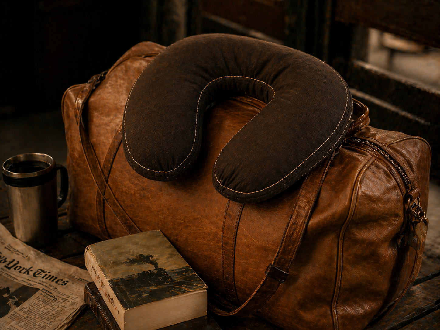 The Red-Eye — U-shape coffee bean travel neck pillow on a leather duffel bag